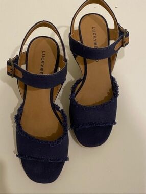 Lucky Brand Frayed Edge Wedge Sandals - Dark Denim Blue / Chambray Look